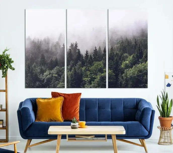 Cloudy Foggy Green Forest Landscape Wall Art Print Canvas Decor