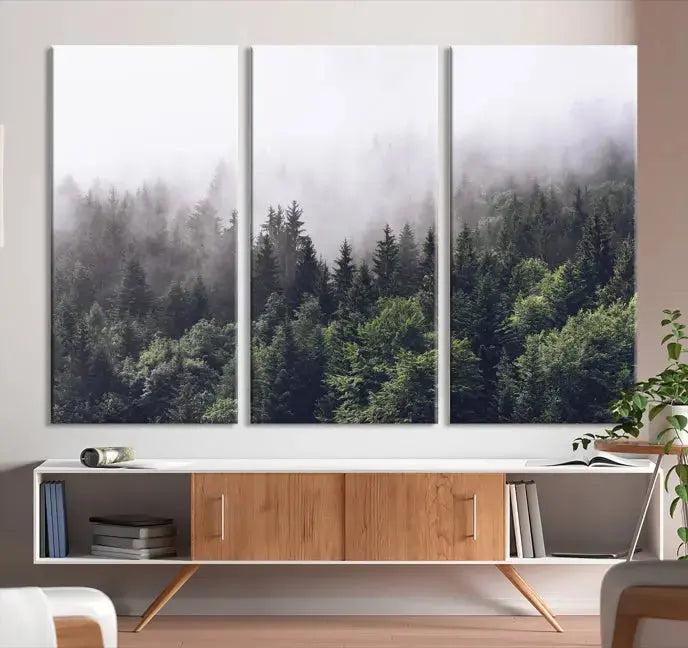 Cloudy Foggy Green Forest Landscape Wall Art Print Canvas Decor