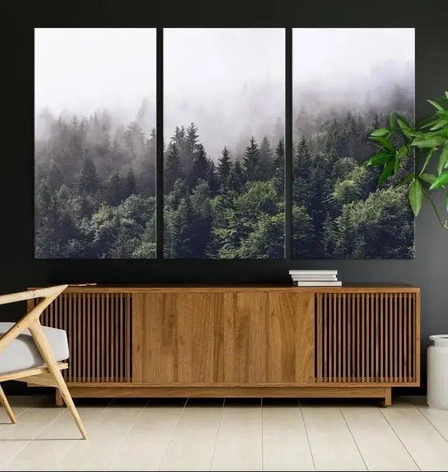 Cloudy Foggy Green Forest Landscape Wall Art Print Canvas Decor