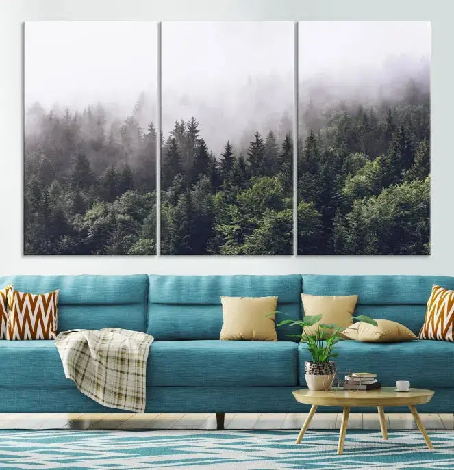 Cloudy Foggy Green Forest Landscape Wall Art Print Canvas Decor