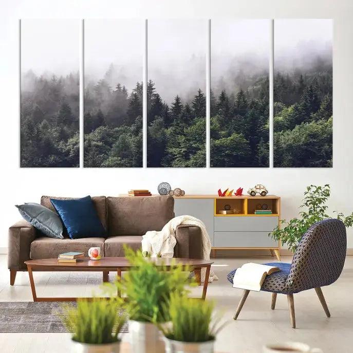 Cloudy Foggy Green Forest Landscape Wall Art Print Canvas Decor