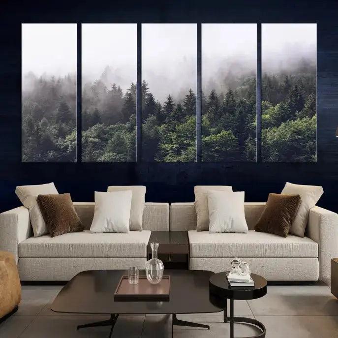 Cloudy Foggy Green Forest Landscape Wall Art Print Canvas Decor