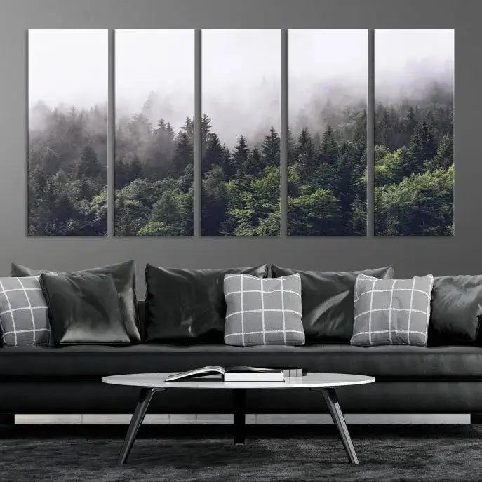 Cloudy Foggy Green Forest Landscape Wall Art Print Canvas Decor