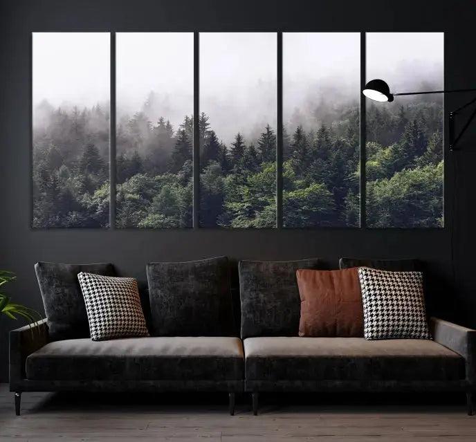 Cloudy Foggy Green Forest Landscape Wall Art Print Canvas Decor