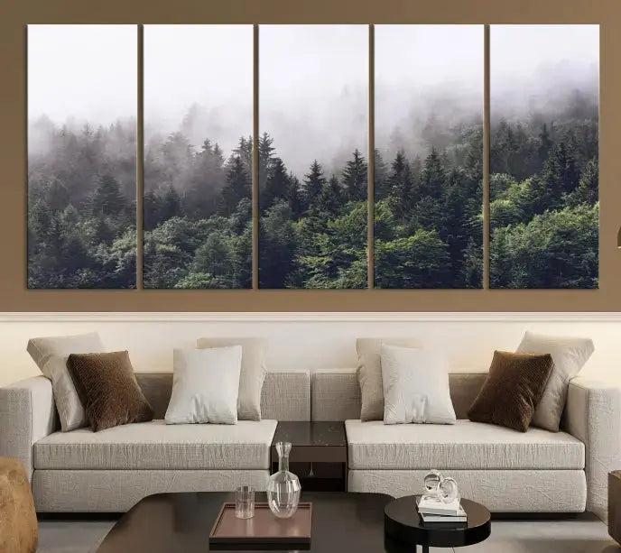 Cloudy Foggy Green Forest Landscape Wall Art Print Canvas Decor