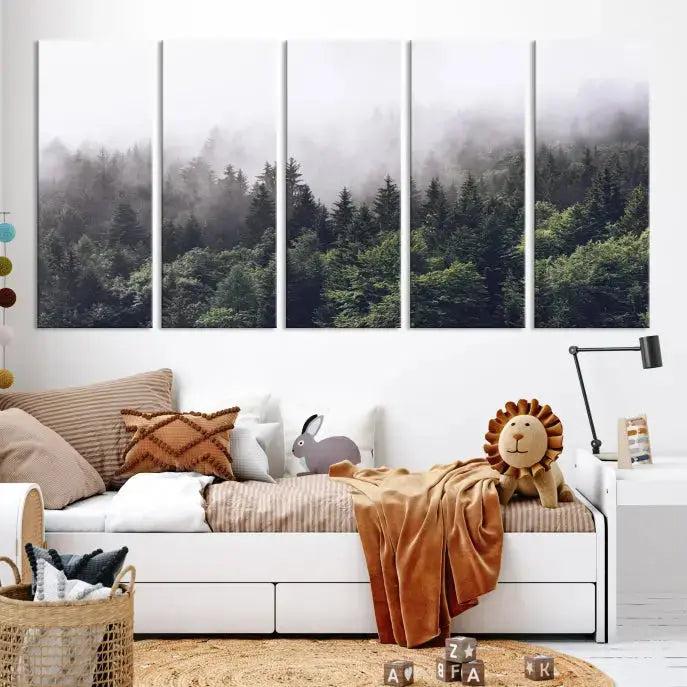 Cloudy Foggy Green Forest Landscape Wall Art Print Canvas Decor