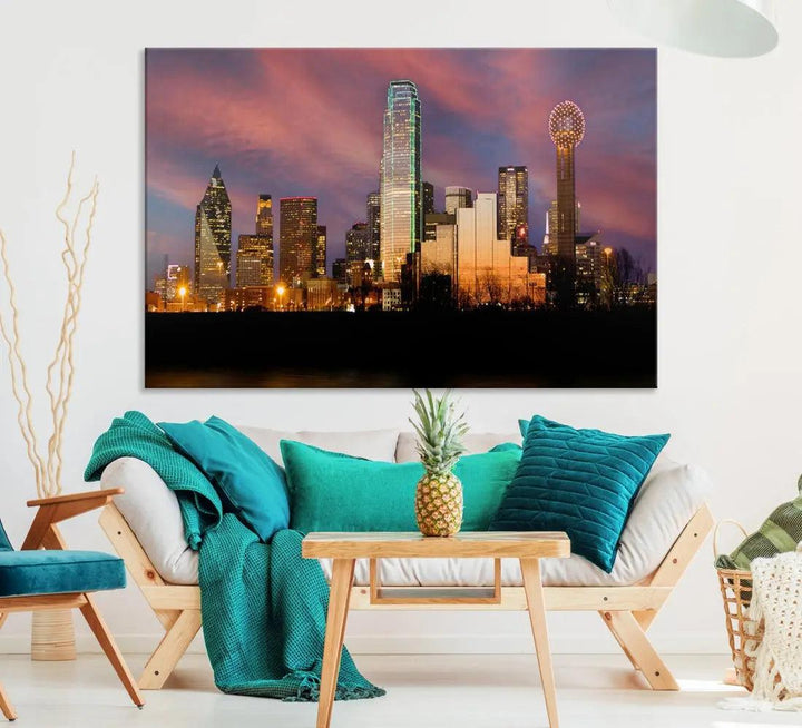 Cloudy Sunset Dallas Cityscape View Large Wall Art Canvas Print