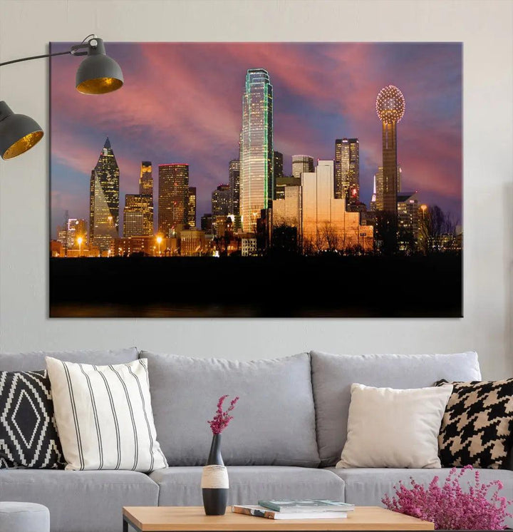 Cloudy Sunset Dallas Cityscape View Large Wall Art Canvas Print