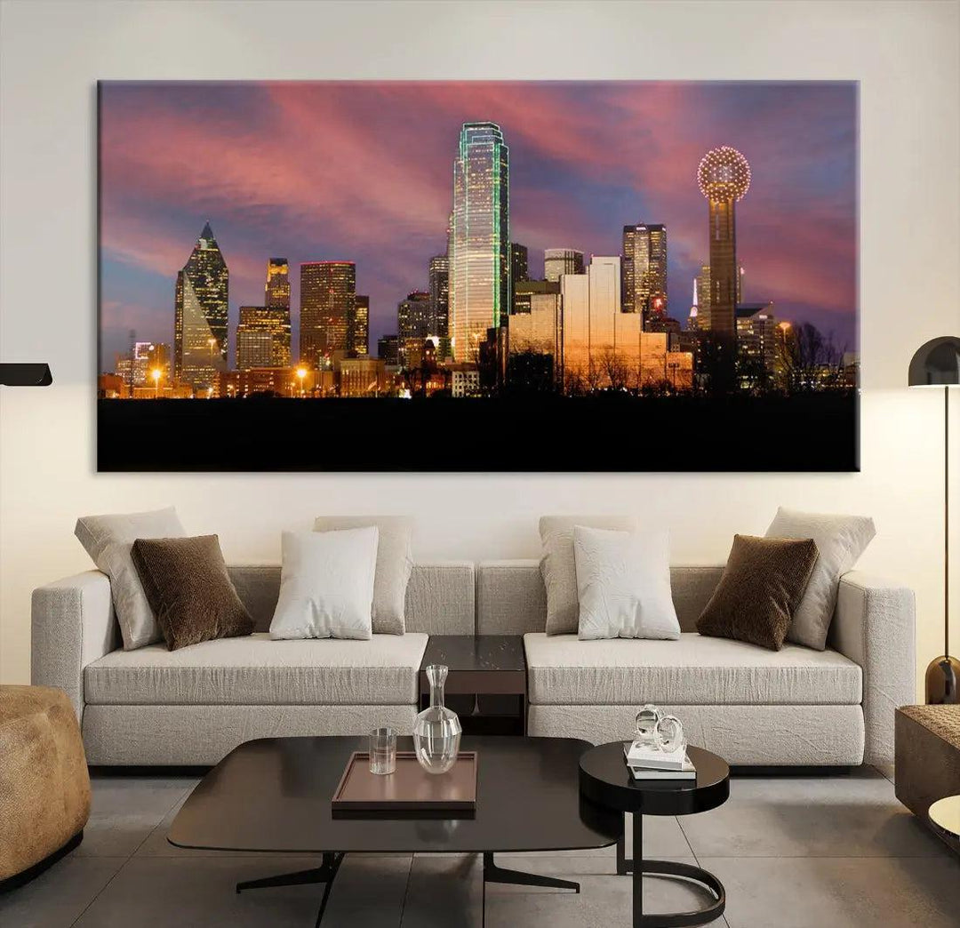 Cloudy Sunset Dallas Cityscape View Large Wall Art Canvas Print