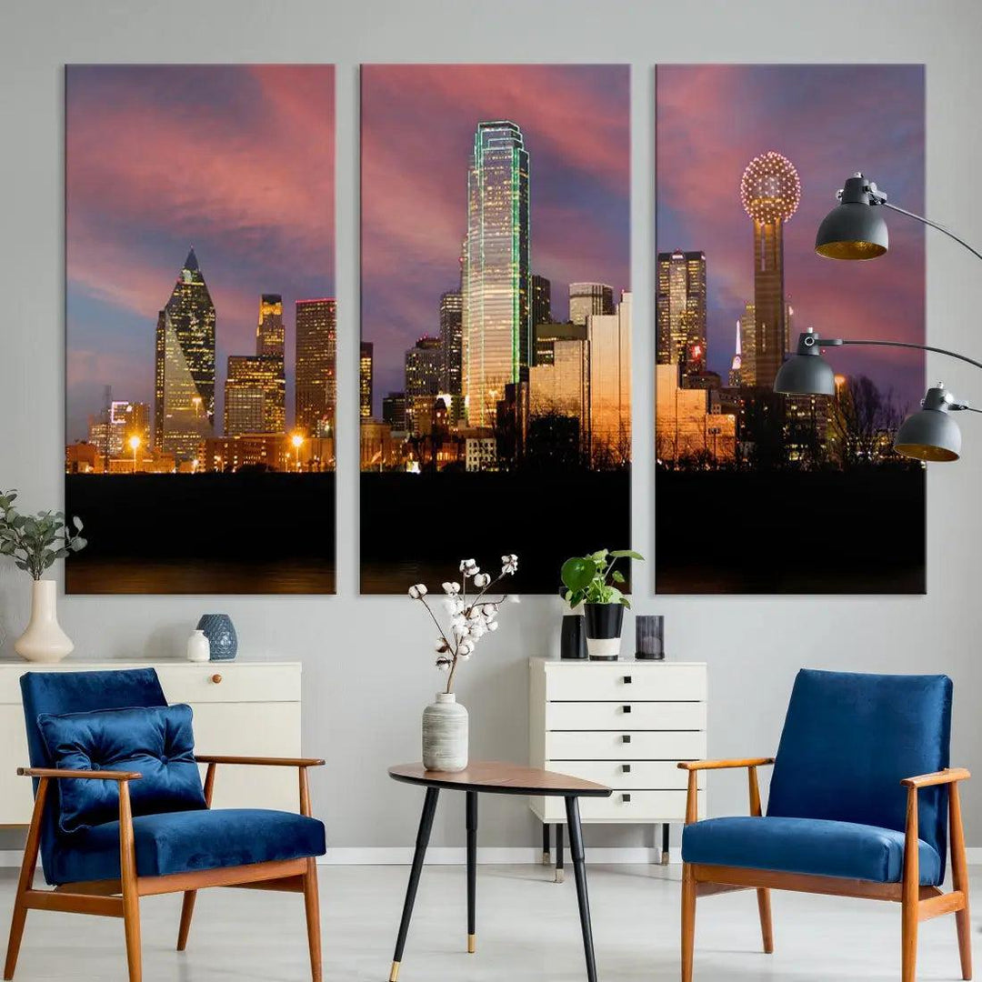 Cloudy Sunset Dallas Cityscape View Large Wall Art Canvas Print