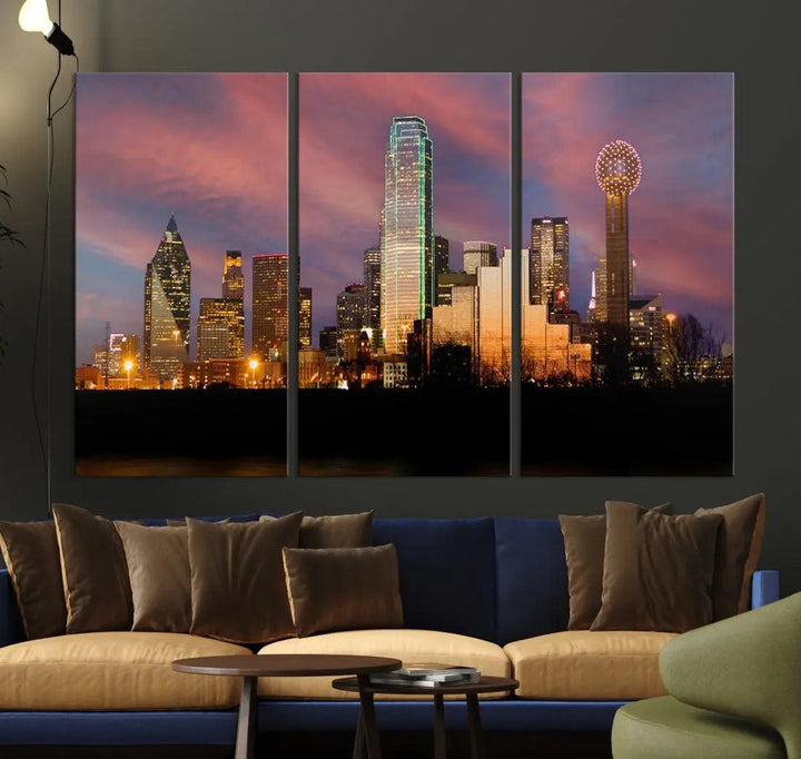 Cloudy Sunset Dallas Cityscape View Large Wall Art Canvas Print