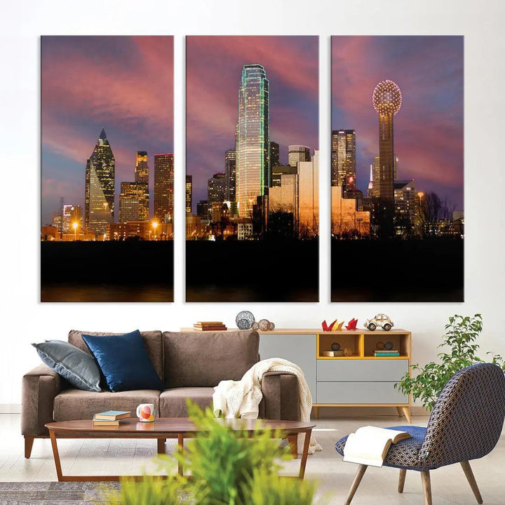 Cloudy Sunset Dallas Cityscape View Large Wall Art Canvas Print