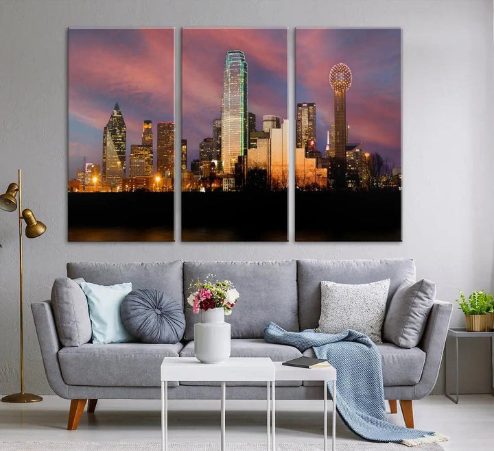 Cloudy Sunset Dallas Cityscape View Large Wall Art Canvas Print