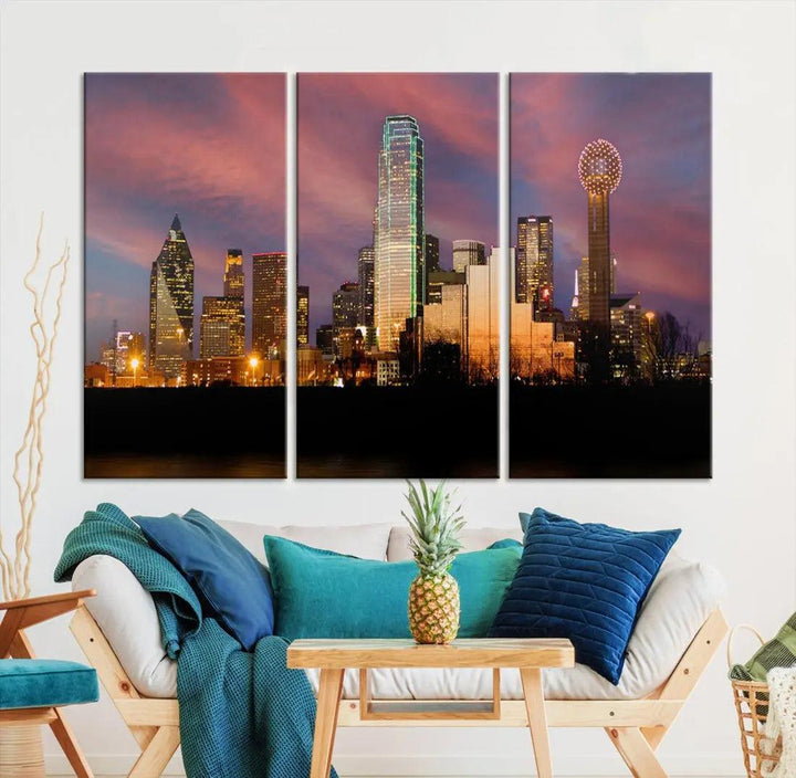 Cloudy Sunset Dallas Cityscape View Large Wall Art Canvas Print