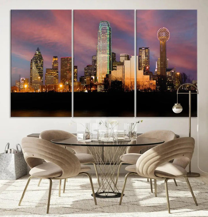 Cloudy Sunset Dallas Cityscape View Large Wall Art Canvas Print