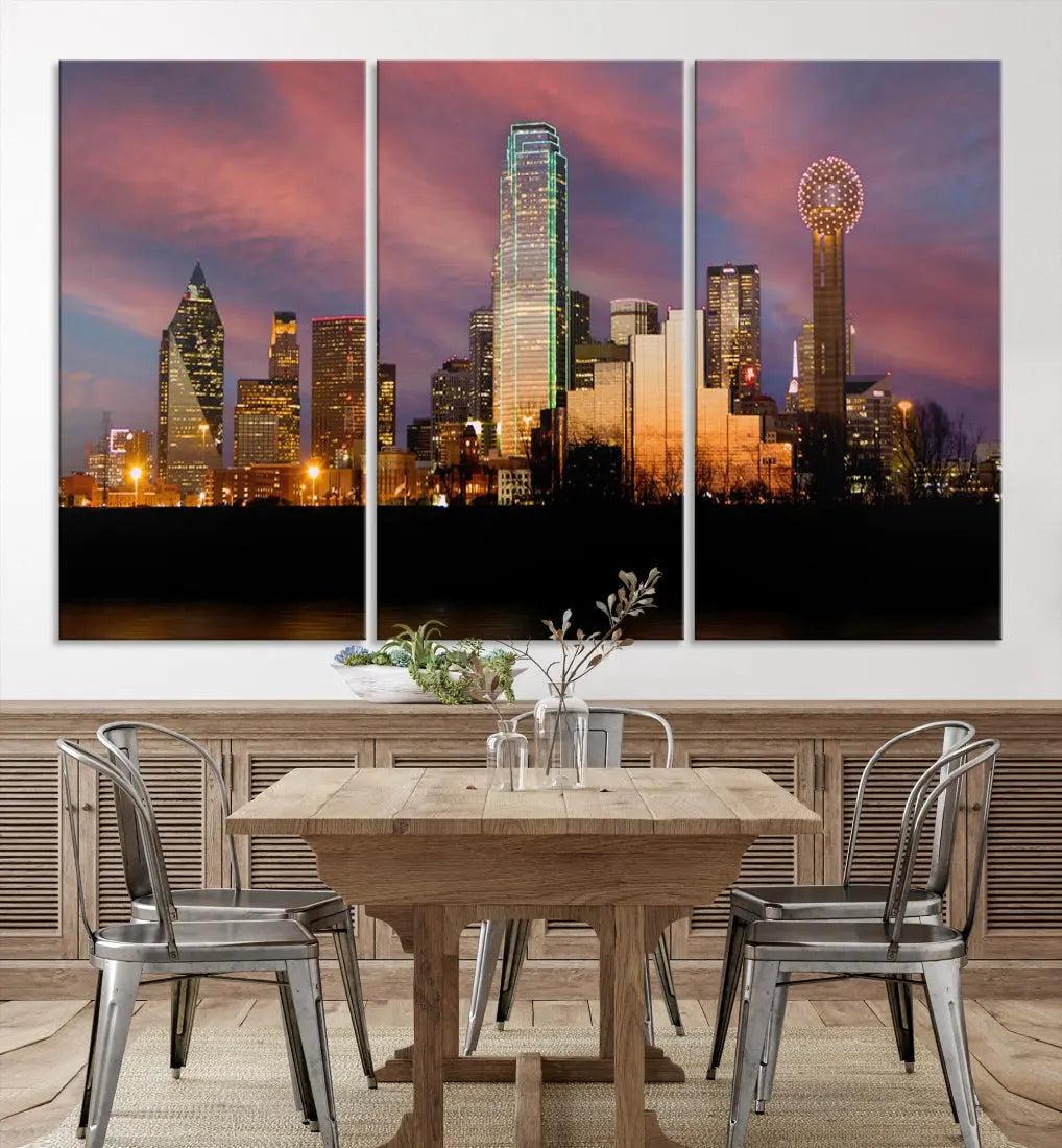 Cloudy Sunset Dallas Cityscape View Large Wall Art Canvas Print