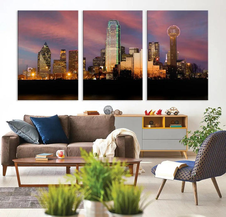 Cloudy Sunset Dallas Cityscape View Large Wall Art Canvas Print