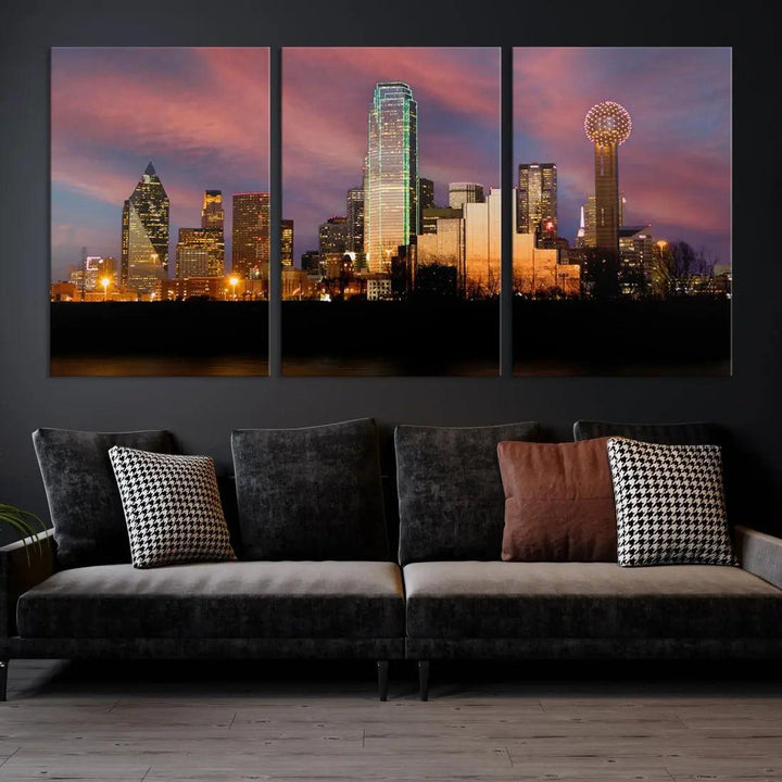 Cloudy Sunset Dallas Cityscape View Large Wall Art Canvas Print