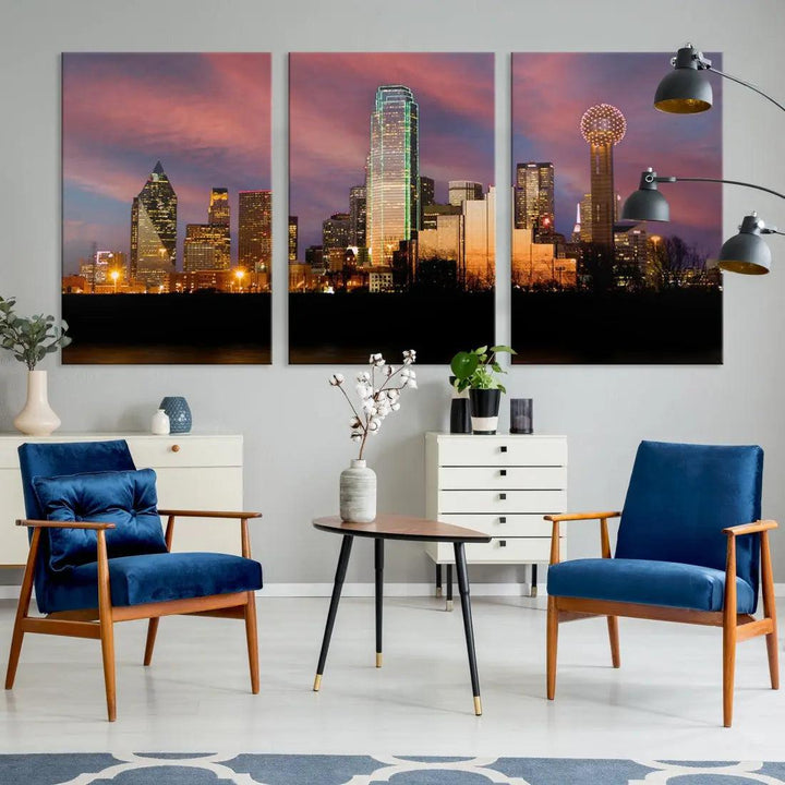 Cloudy Sunset Dallas Cityscape View Large Wall Art Canvas Print