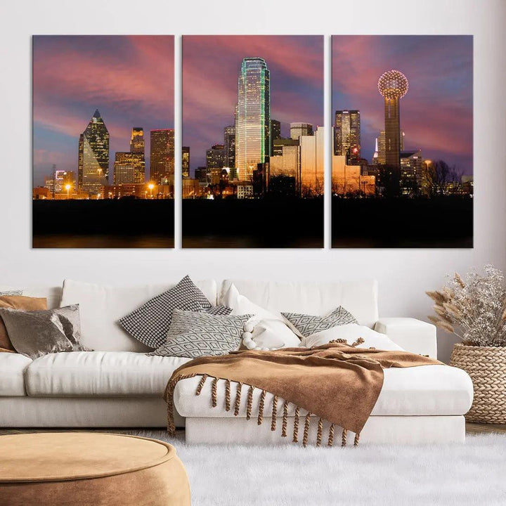 Cloudy Sunset Dallas Cityscape View Large Wall Art Canvas Print