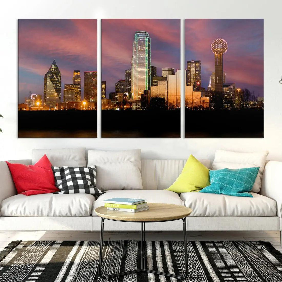 Cloudy Sunset Dallas Cityscape View Large Wall Art Canvas Print