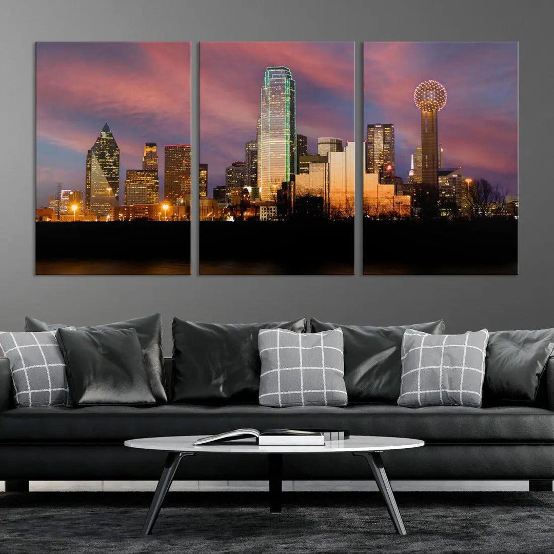 Cloudy Sunset Dallas Cityscape View Large Wall Art Canvas Print