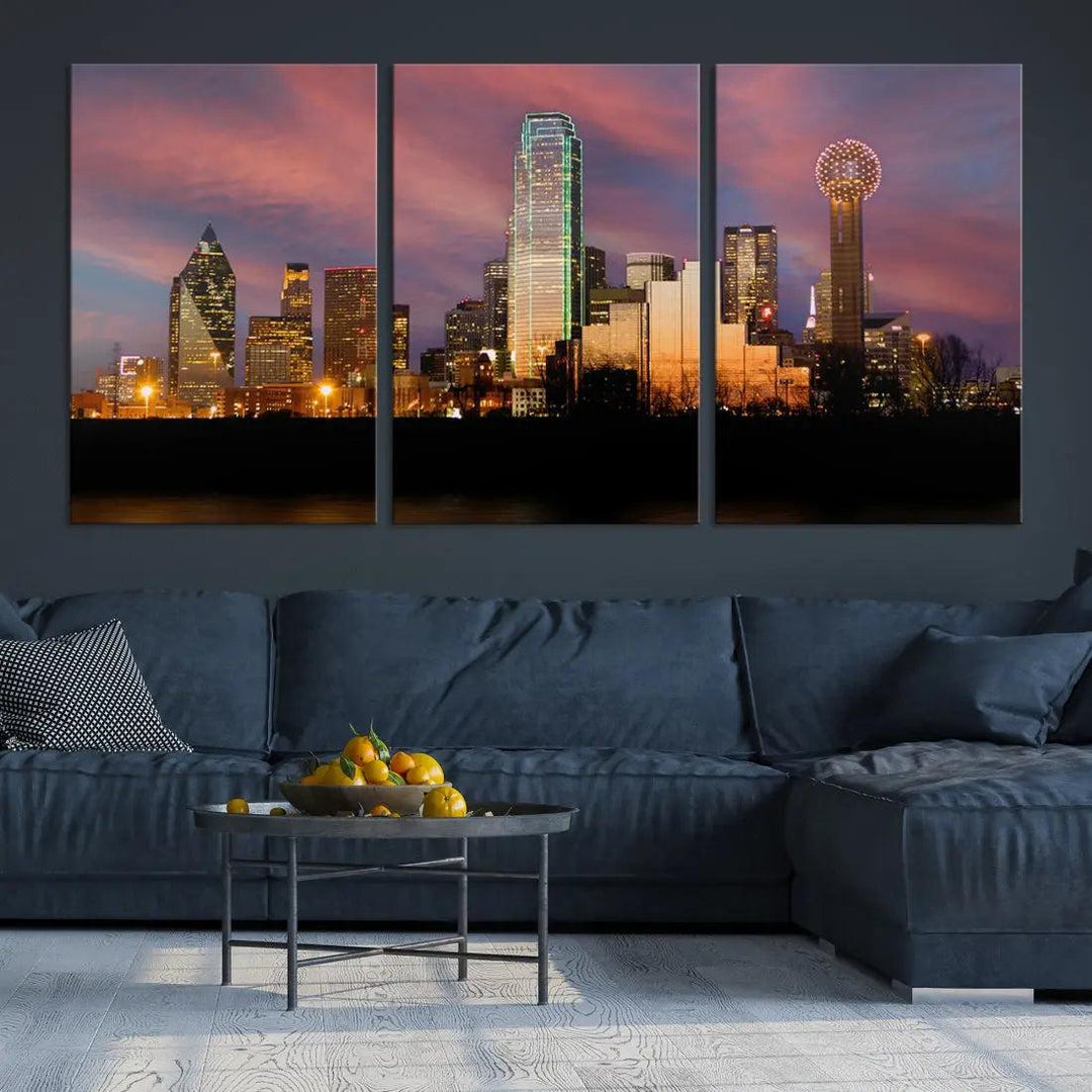 Cloudy Sunset Dallas Cityscape View Large Wall Art Canvas Print