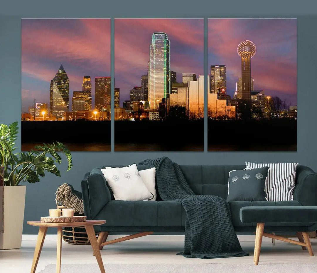 Cloudy Sunset Dallas Cityscape View Large Wall Art Canvas Print