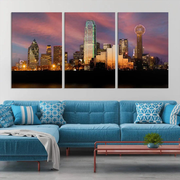 Cloudy Sunset Dallas Cityscape View Large Wall Art Canvas Print