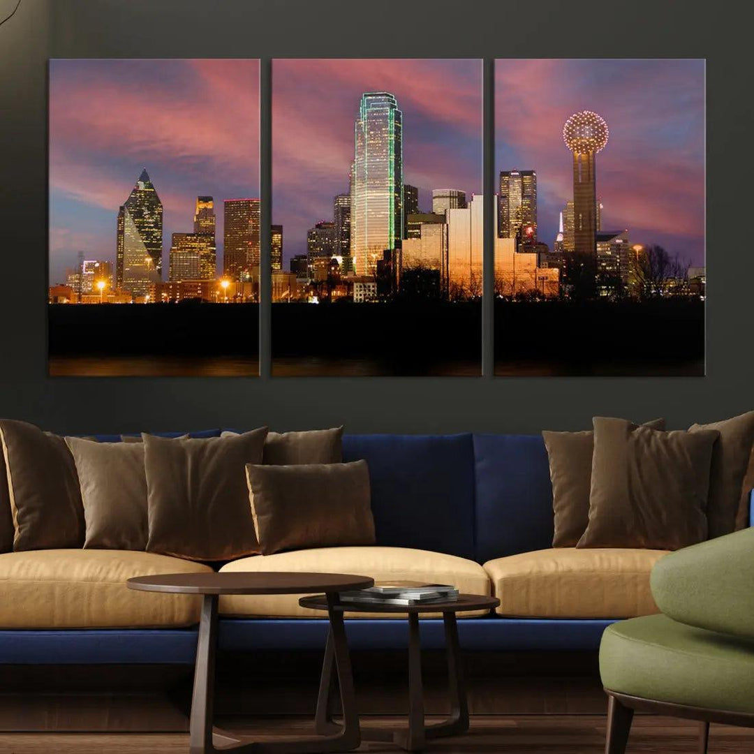 Cloudy Sunset Dallas Cityscape View Large Wall Art Canvas Print