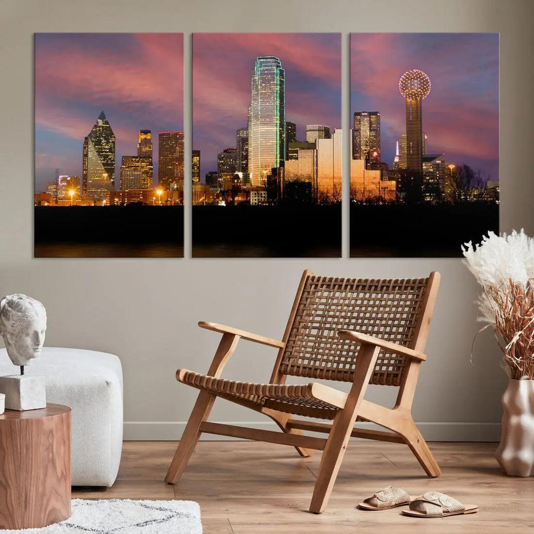 Cloudy Sunset Dallas Cityscape View Large Wall Art Canvas Print