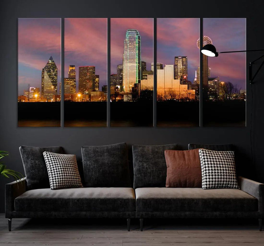 Cloudy Sunset Dallas Cityscape View Large Wall Art Canvas Print