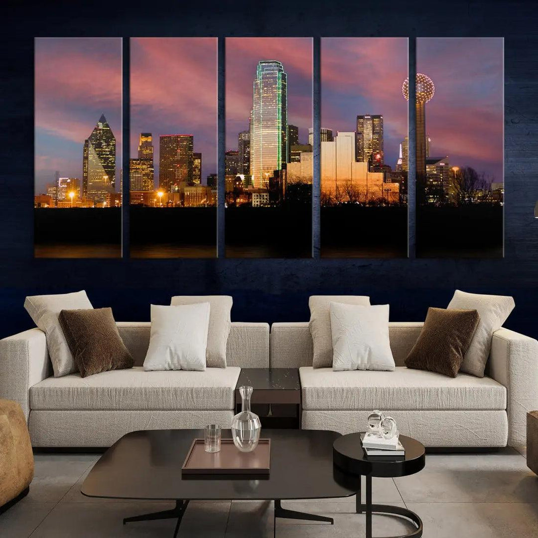 Cloudy Sunset Dallas Cityscape View Large Wall Art Canvas Print