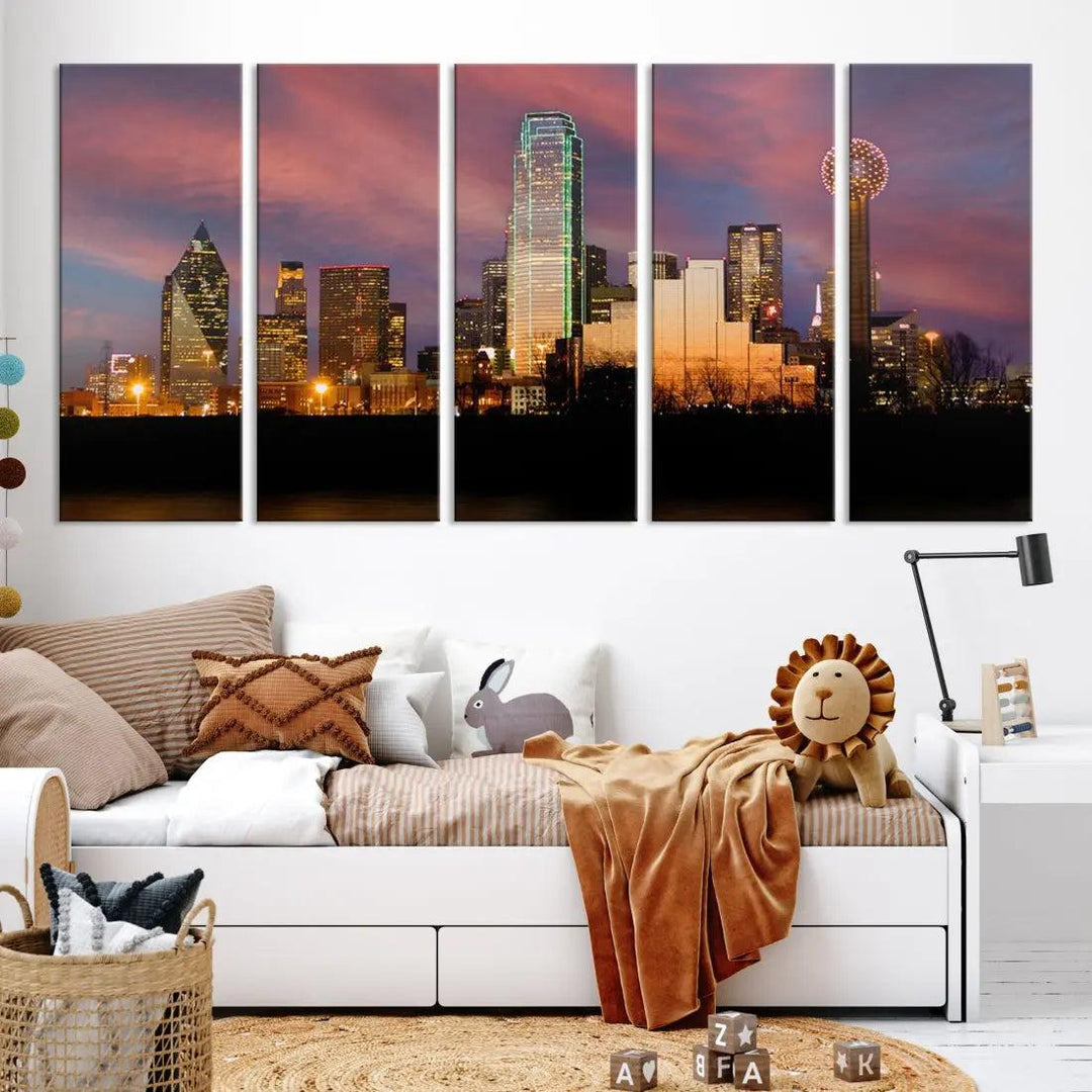 Cloudy Sunset Dallas Cityscape View Large Wall Art Canvas Print