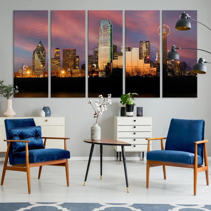 Cloudy Sunset Dallas Cityscape View Large Wall Art Canvas Print