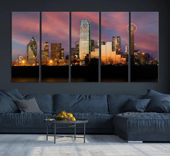 Cloudy Sunset Dallas Cityscape View Large Wall Art Canvas Print