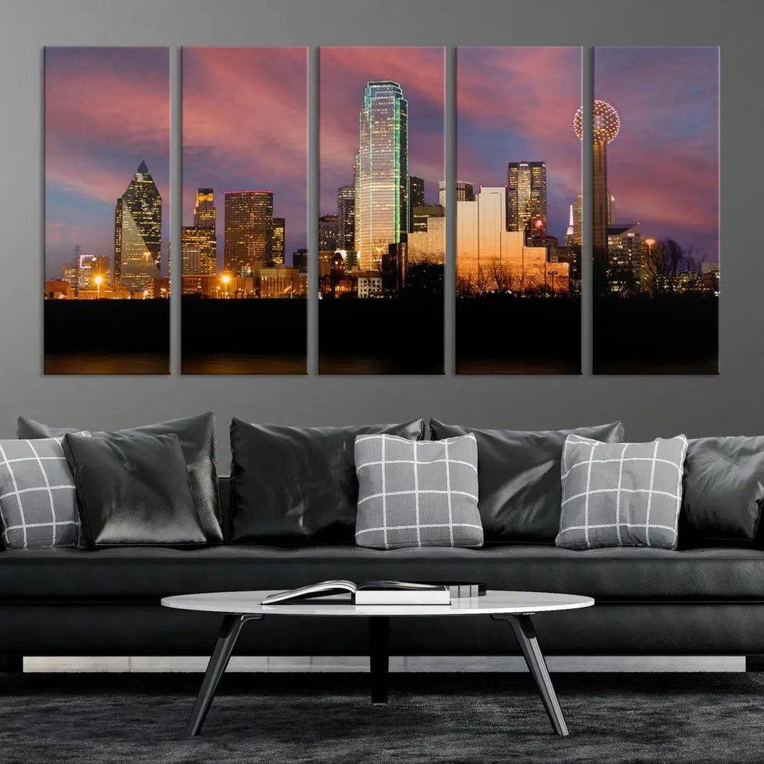 Cloudy Sunset Dallas Cityscape View Large Wall Art Canvas Print