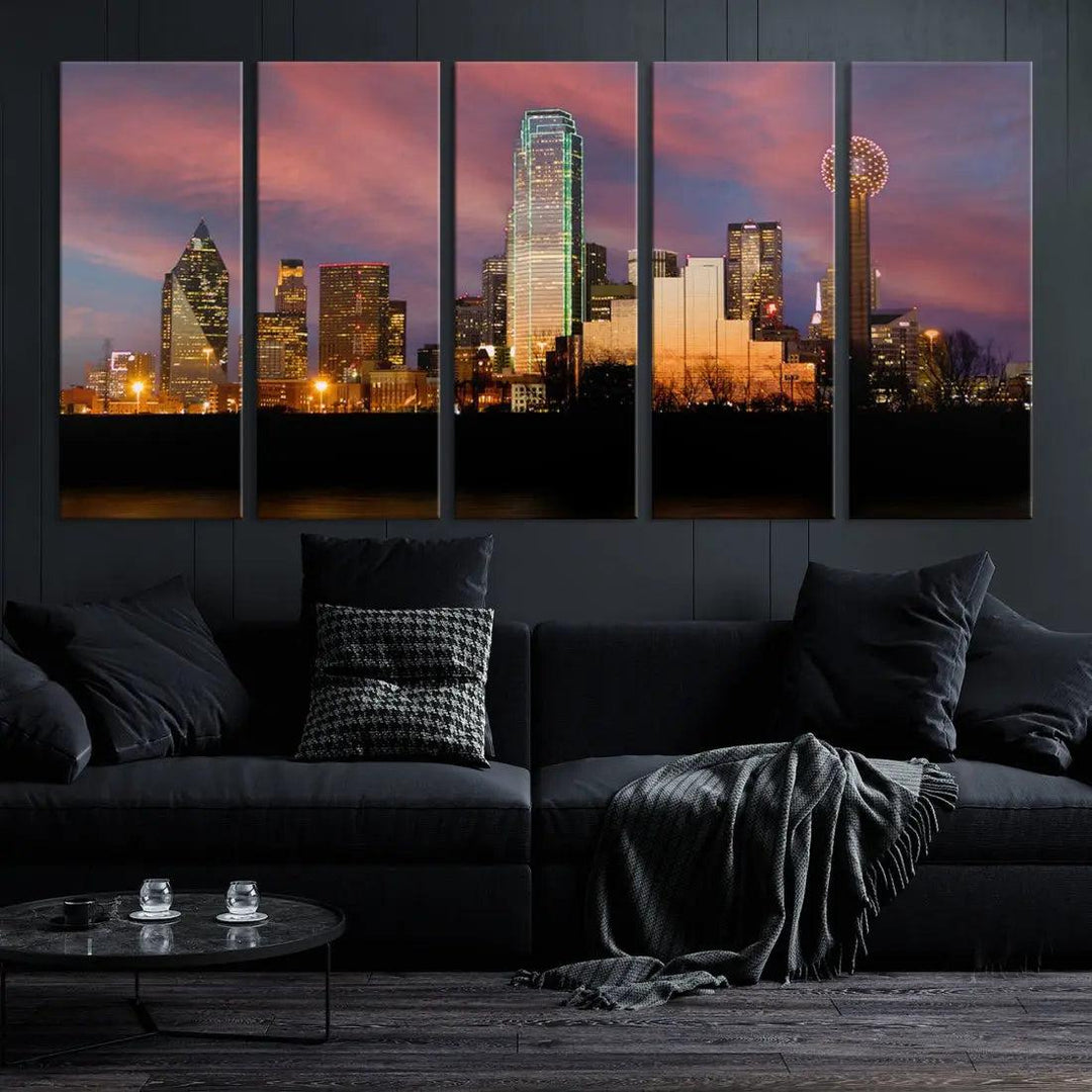 Cloudy Sunset Dallas Cityscape View Large Wall Art Canvas Print