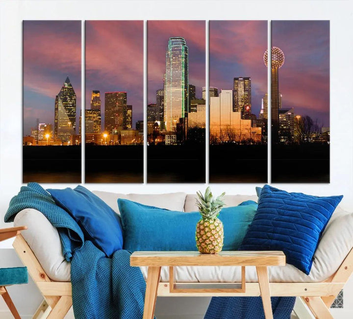 Cloudy Sunset Dallas Cityscape View Large Wall Art Canvas Print