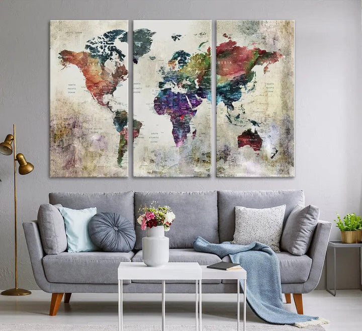 Colorful Large World Map Wall Art Canvas Print Ready to Hang