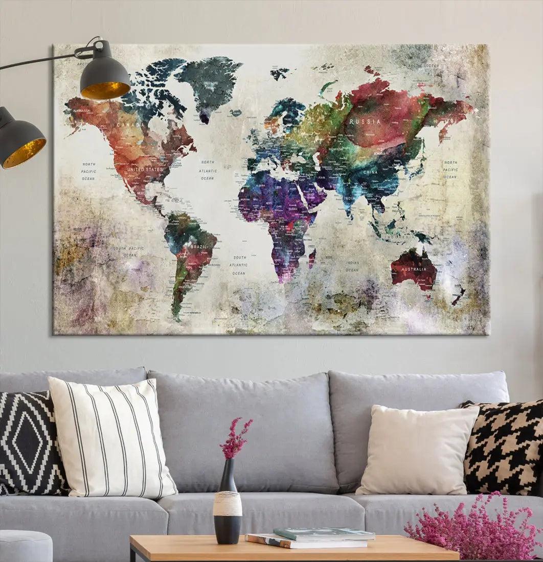 Colorful Large World Map Wall Art Canvas Print Ready to Hang