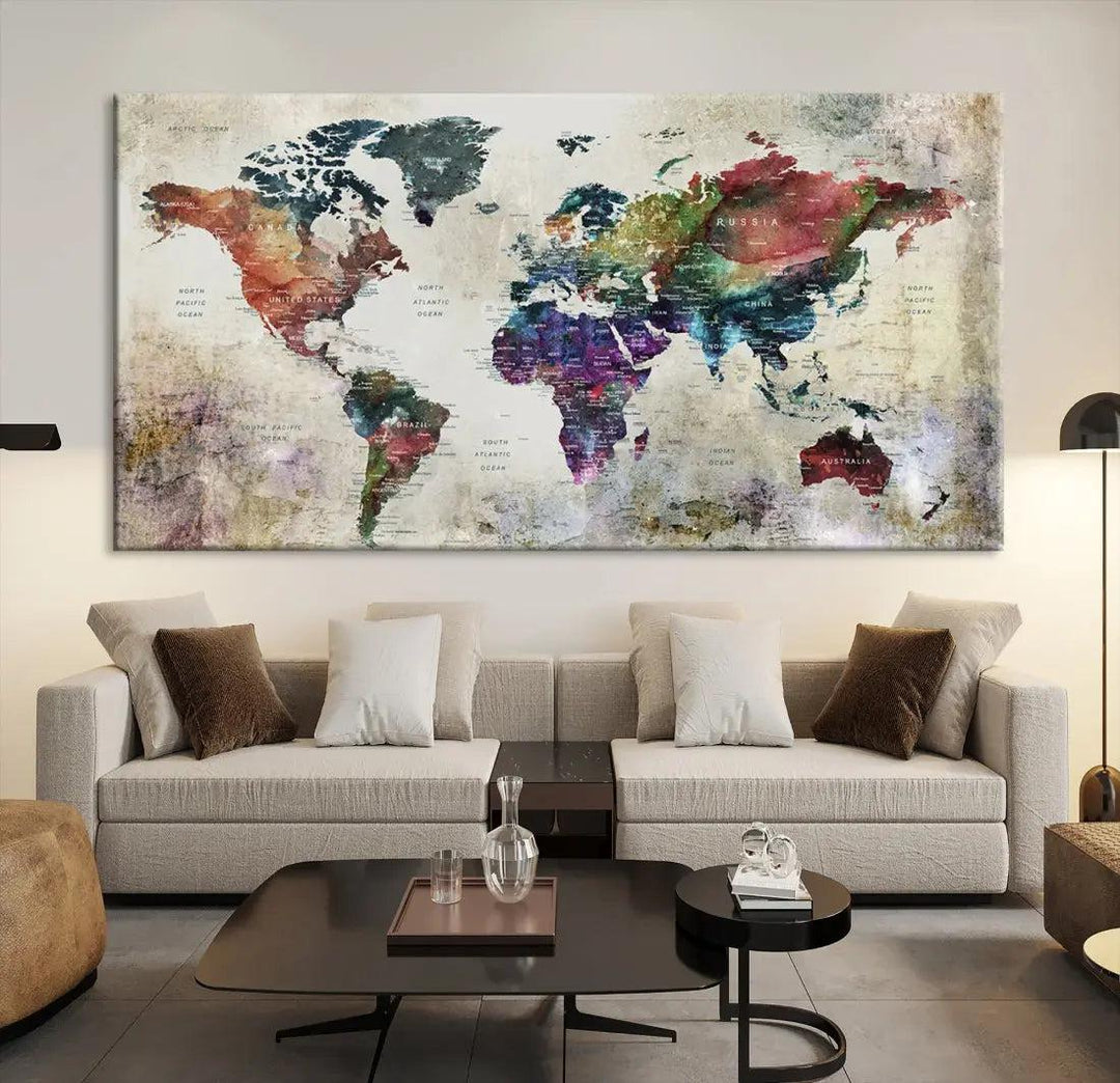 Colorful Large World Map Wall Art Canvas Print Ready to Hang