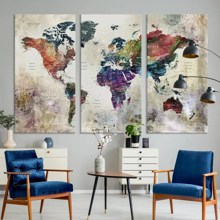 Colorful Large World Map Wall Art Canvas Print Ready to Hang