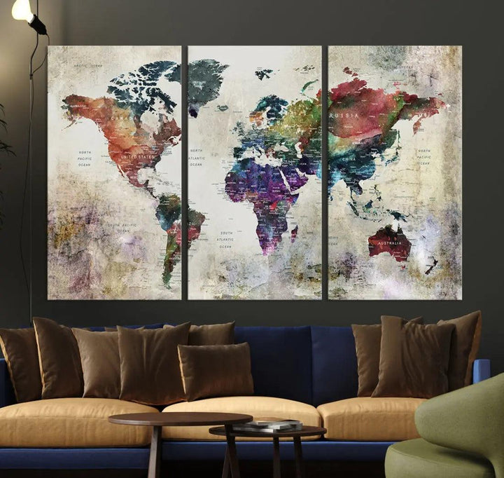 Colorful Large World Map Wall Art Canvas Print Ready to Hang