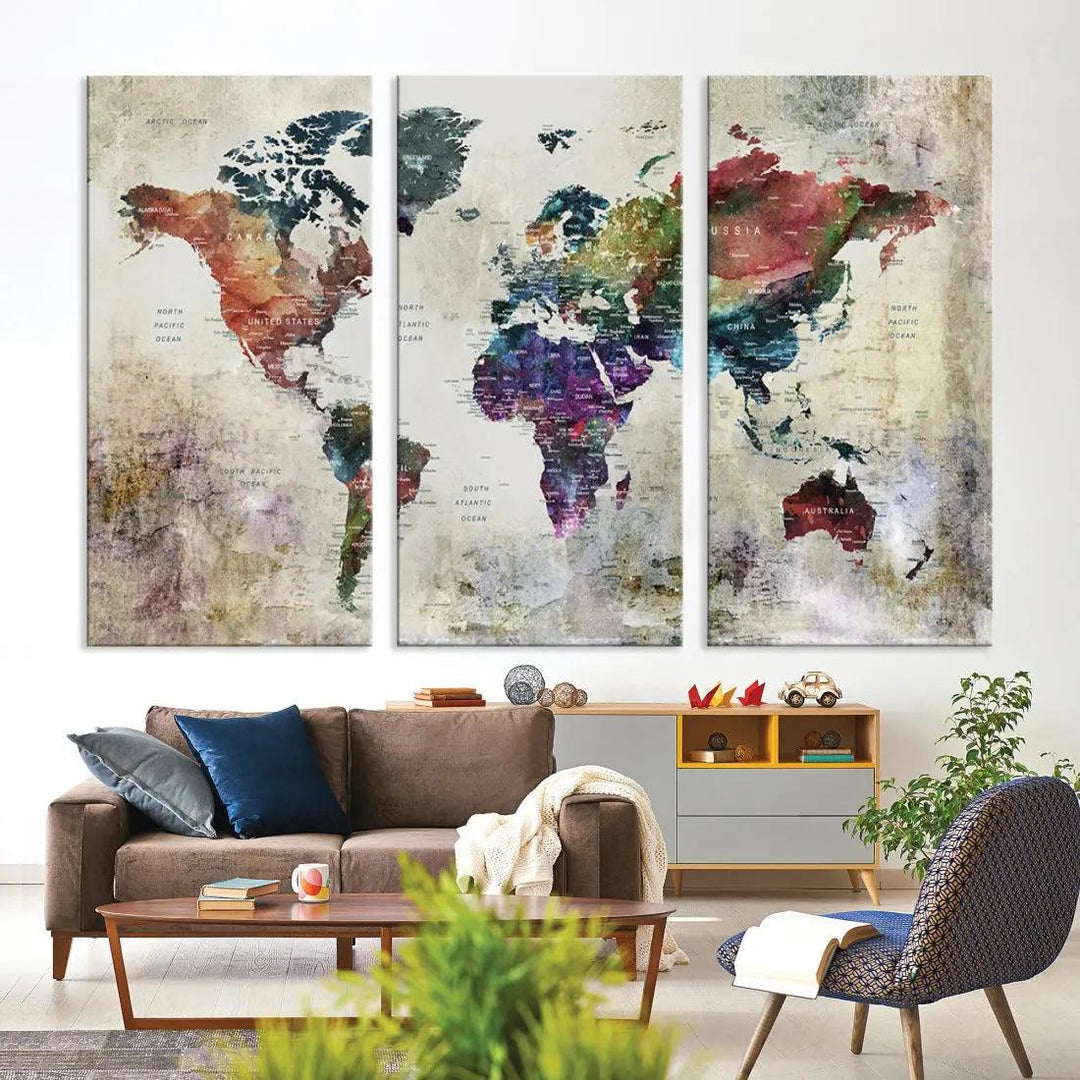 Colorful Large World Map Wall Art Canvas Print Ready to Hang