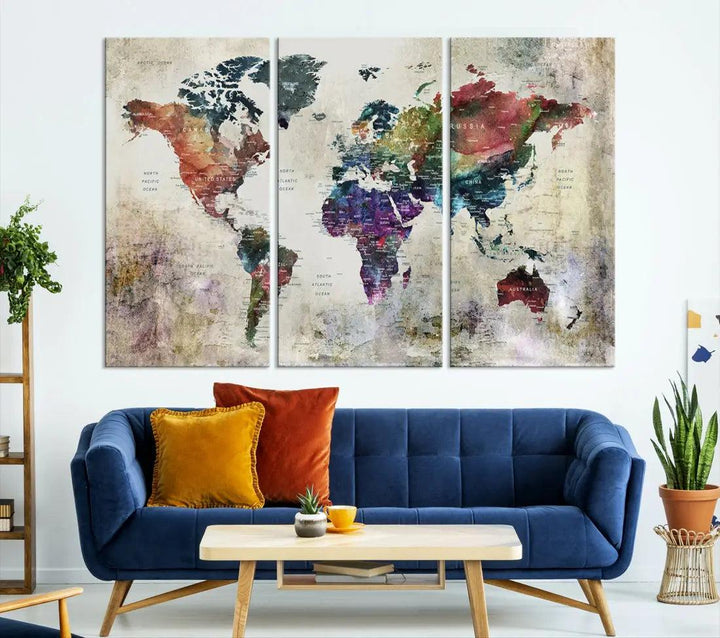 Colorful Large World Map Wall Art Canvas Print Ready to Hang