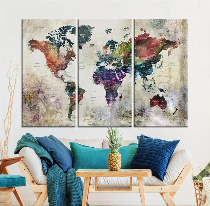 Colorful Large World Map Wall Art Canvas Print Ready to Hang