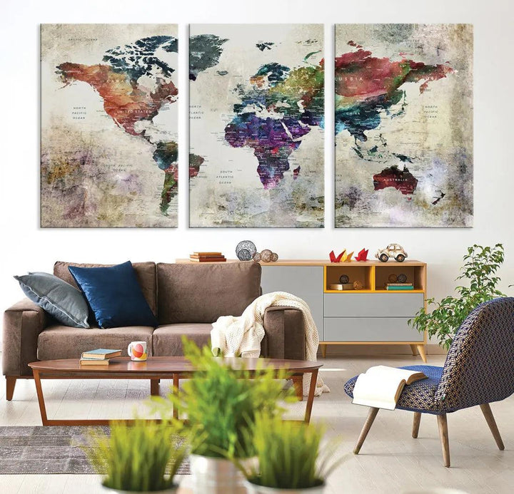 Colorful Large World Map Wall Art Canvas Print Ready to Hang