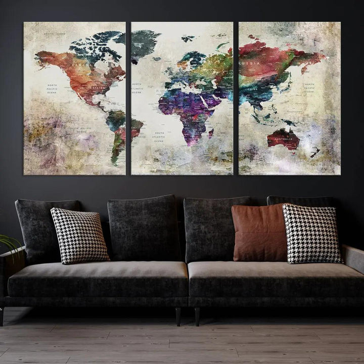 Colorful Large World Map Wall Art Canvas Print Ready to Hang