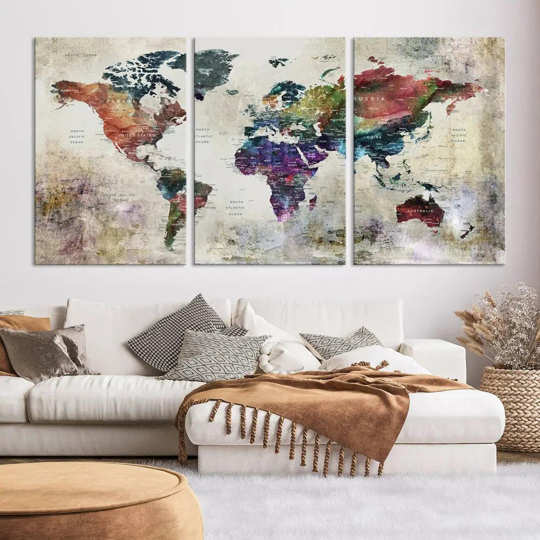 Colorful Large World Map Wall Art Canvas Print Ready to Hang